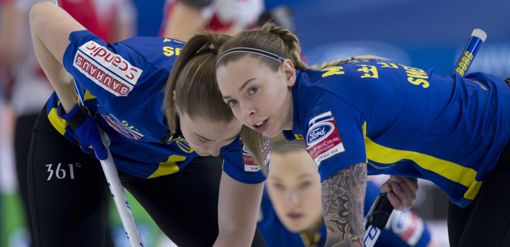 North Bay On.March 25, 2018.Ford World Womans Curling Championship.Gold Medal Game.Sweden,lead Sofia Malberg,third Sarah McManus.,second Agnes Knockenhauer.Curling Canada/michael burns photo
