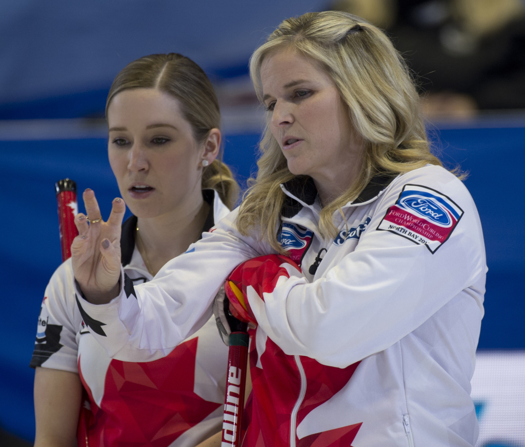 North Bay On.March 25, 2018.Ford World Womans Curling Championship.Gold Medal Game.Canada skip Jennifer Jones.third Kaitlyn Lawes.Curling Canada/ michael burns photo