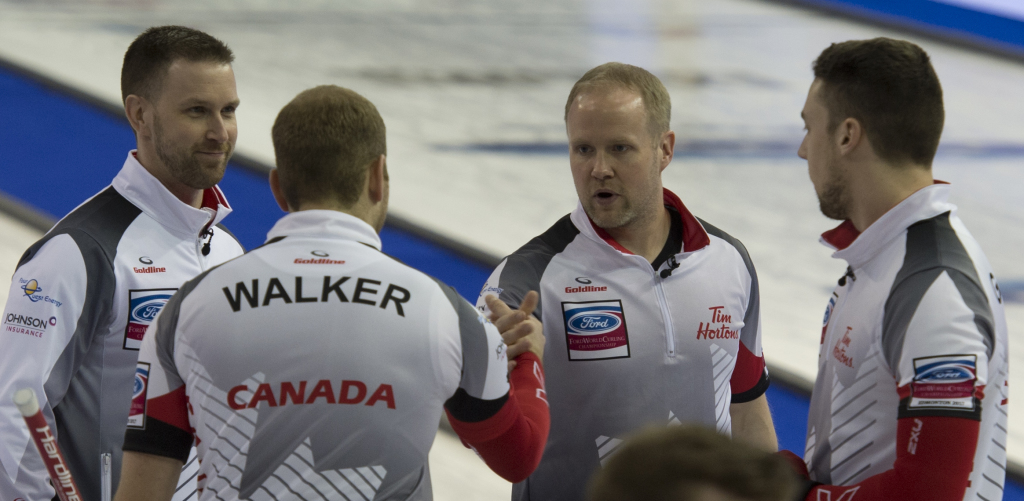 Edmonton Ab. April 6, 2017.Ford Men's World Curling Championship.Canada skip Brad Gushue,third Mark Nichols,second Bett Gallant,lead Geoff Walker.Curling Canada/michael burns photo