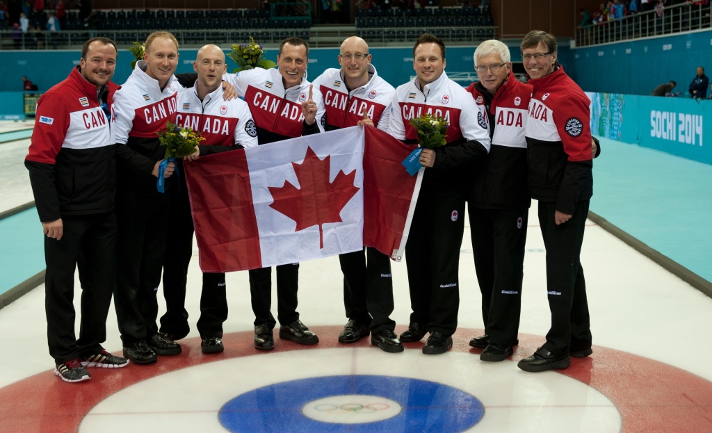 Sochi Ru.Feb21-2014.Winter Olympic Games.Men's Gold Medal Game.Team Canada,,skip Brad Jacobs,third Ryan Fry,second E.J.Harnden,lead Ryan Harnden.WCF/michael burns photo